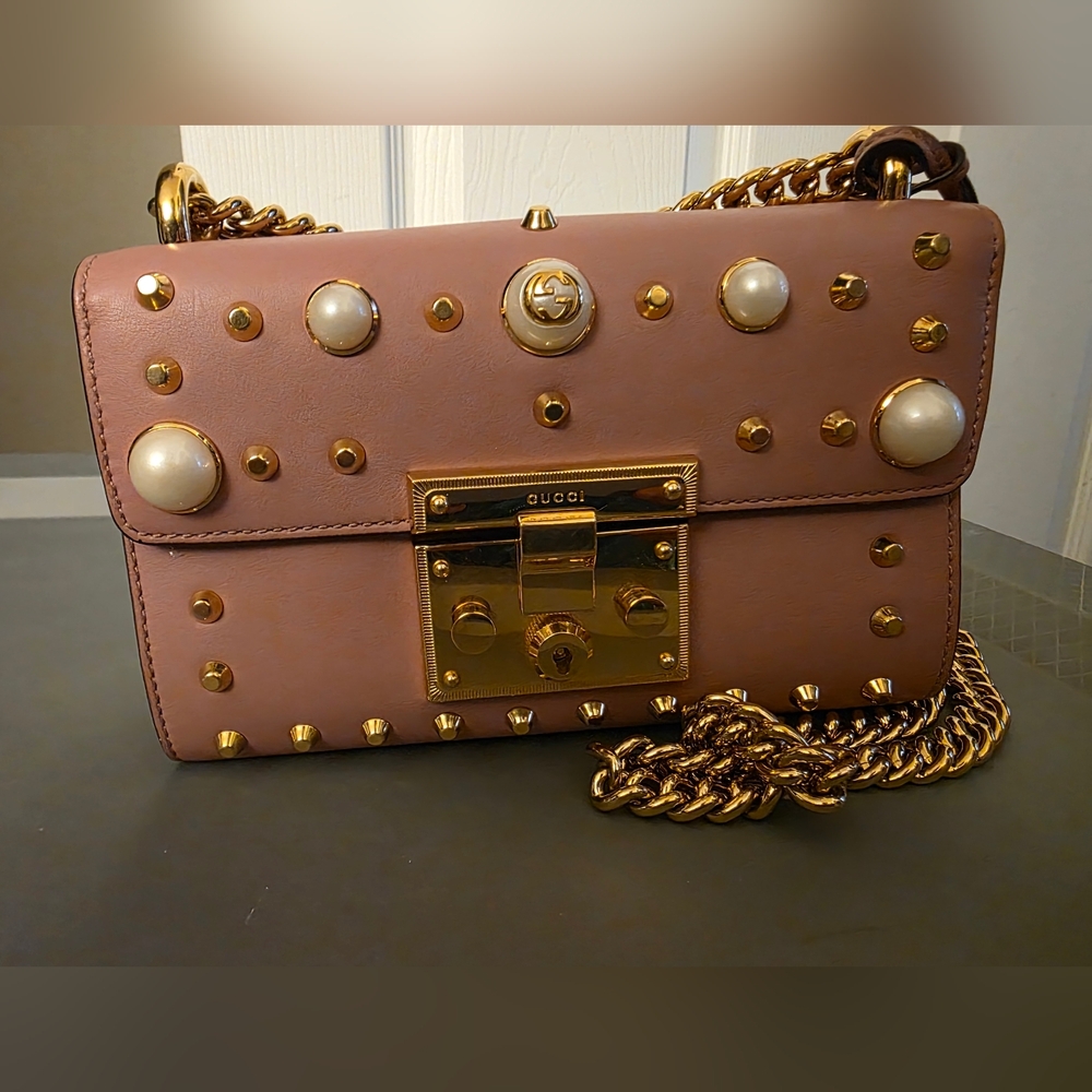Gucci Pearl Studded Padlock Chain Pink Leather Crossbody Shoulder Bag Purse